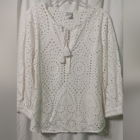Chico's Tops - Chicos  Eyelet Tunic Top  White Tassled Cotton Cottagecore Boho Coastal SZ 16/18